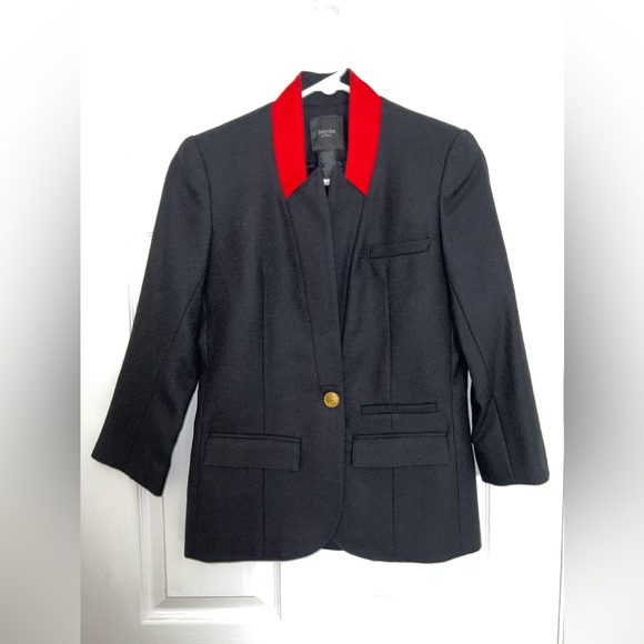 Orig $798 EUC Smythe One Button Poppy Red Lapel Black Blazer Size 2 - Picture 2 of 11